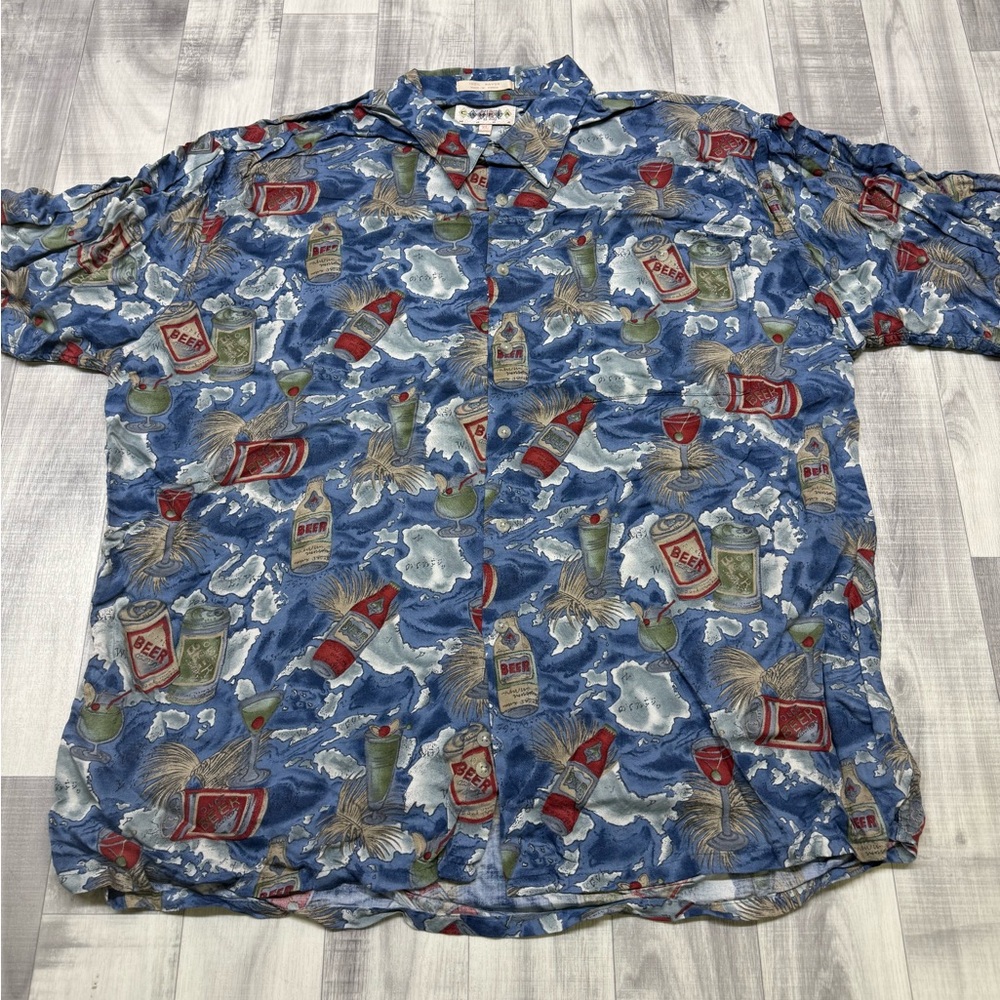Men's XL Campia Moda Blue Short-Sleeve Hawaiian Shirt Beer & Cocktail Theme